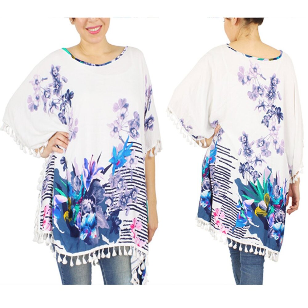 Flower print poncho w/tassel - 100% viscose